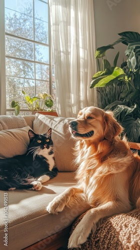 Amistad entre el gato y el perro, compartiendo salón y sofá amistosamente. Concepto de convivencia entre mascotas y salud veterinaria.

 photo