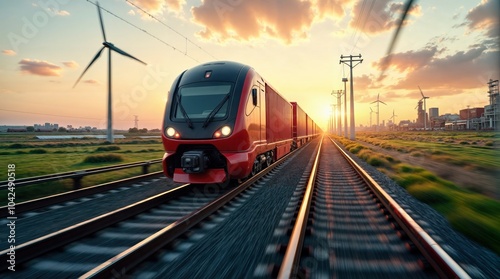 Moderner Zug bei Sonnenuntergang auf Schienen mit Windkraftanlagen im Hintergrund – Nachhaltiger und schneller Transport von Waren und Gütern  photo