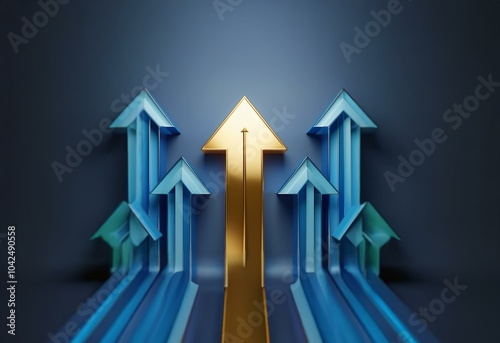 A single gold arrow rises above multiple blue arrows.