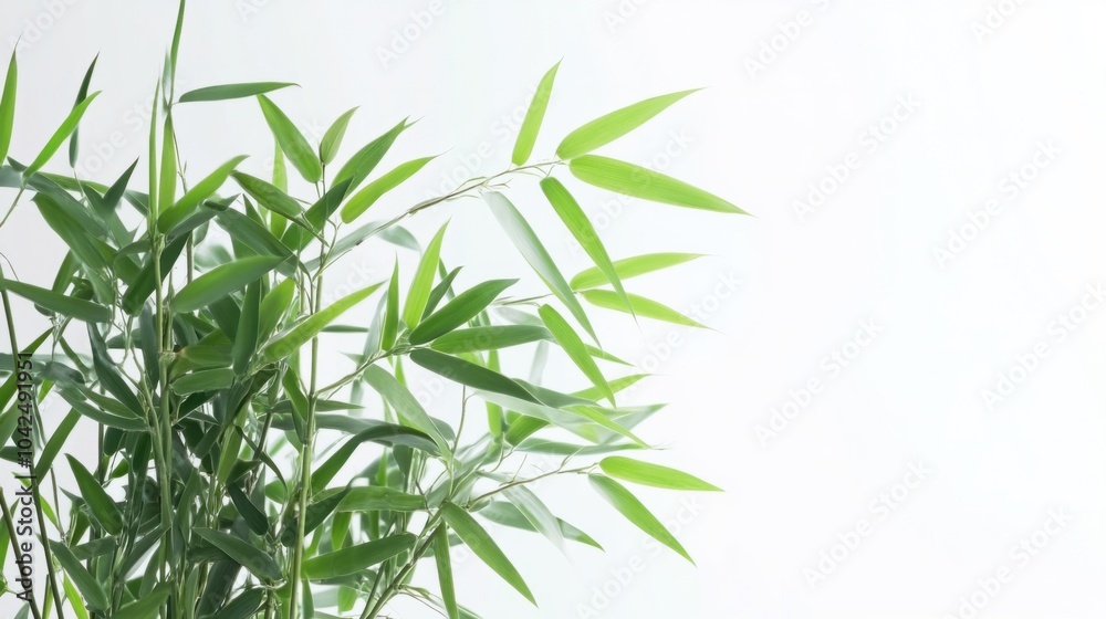 Fototapeta premium Fresh bamboo plant with soft, curling leaves, isolated on white background
