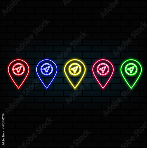 Glowing neon line Map pin icon isolated on brick wall background. Navigation, pointer, location, map, gps, direction, place, compass, contact, search concept. Vector Illustration