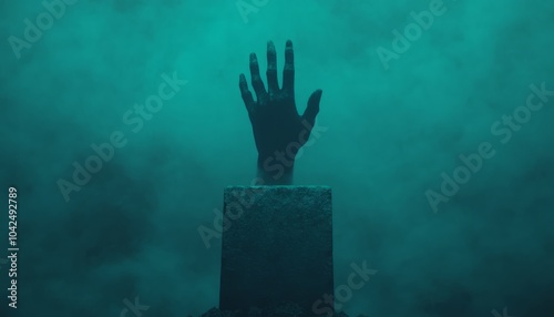 A hand emerges from a foggy grave, symbolizing themes of horror and the supernatural. photo