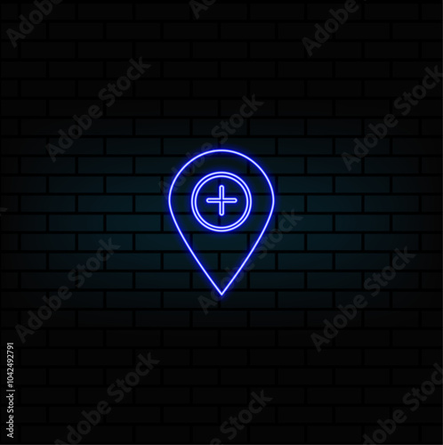 Glowing neon line Map pin icon isolated on brick wall background. Navigation, pointer, location, map, gps, direction, place, compass, search concept. Vector Illustration