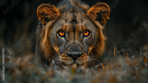 Foto de León en libertad, agazapado, dispuesto a atacar. Fotografía de vida salvaje.