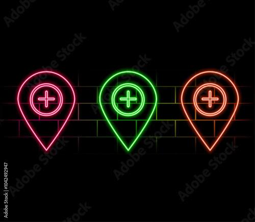 Glowing neon Map pin icon isolated on brick wall background. Navigation, pointer, location, map, gps, direction, place, compass, contact, search concept. Vector Illustration