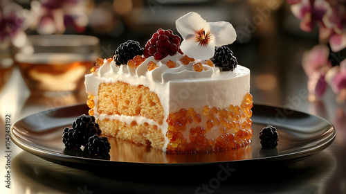 A slice of cake adorned wit...