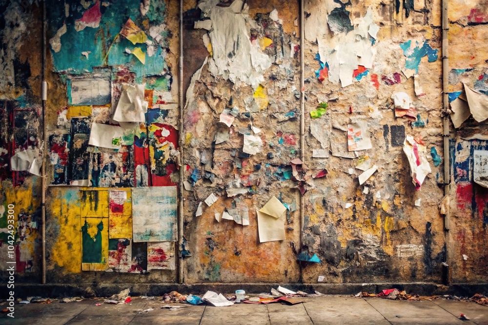 Fototapeta premium Distressed vintage abstract background with torn posters and graffiti