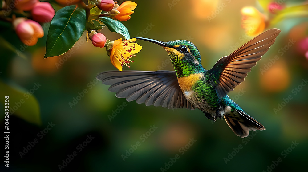 Obraz premium Hummingbird hovering near vibrant flowers in soft sunlight.