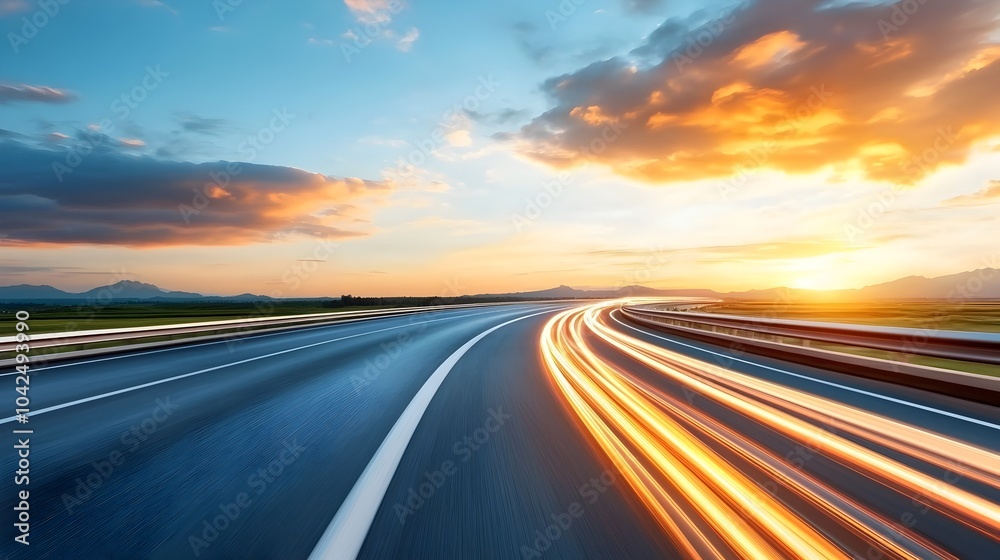 A sleek futuristic highway at night with vibrant neon light trails painting electric blue and pink paths racing toward the glowing horizon under a luminescent sky