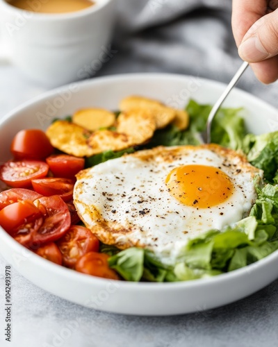 A healthy breakfast bowl with eggs, tomatoes, and greens.