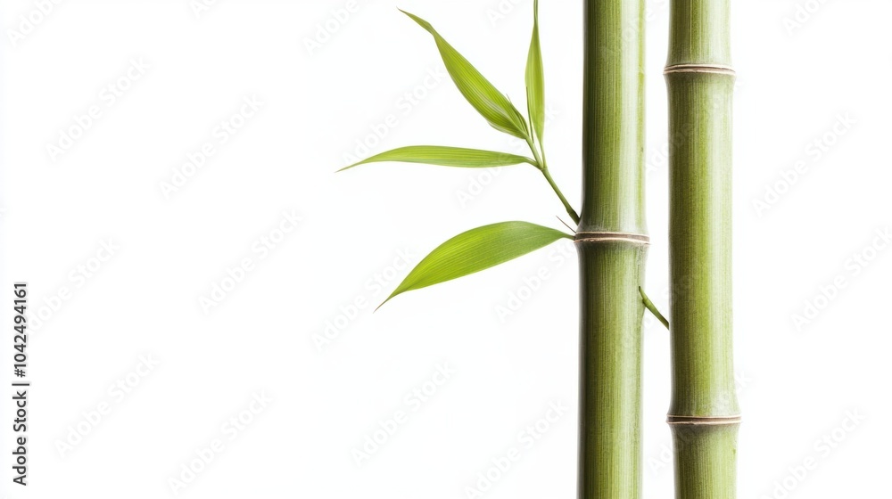 Naklejka premium Tall bamboo stalk with delicate new leaves growing, isolated on white background