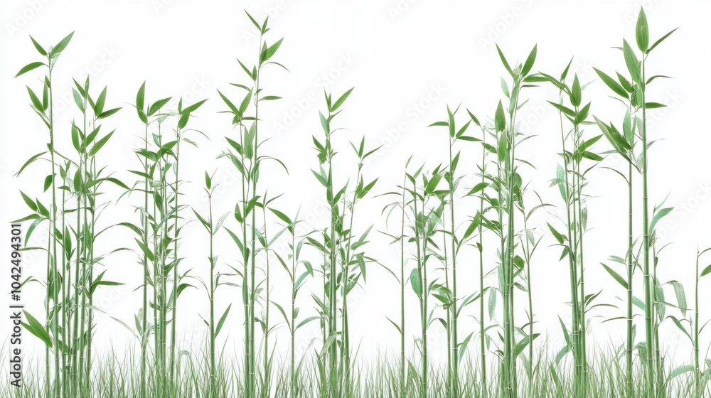 Tall green bamboo with new leaf shoots emerging, isolated on white background