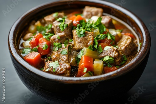 A hearty beef stew with vegetables and herbs in a rustic bowl.