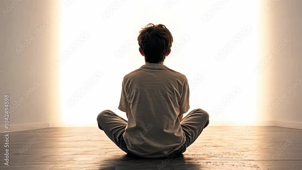 A person sits cross-legged on a wooden floor, facing a bright light A person sits cross-legged on a wooden floor, facing a bright light