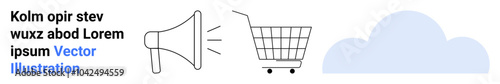 Megaphone, shopping cart and cloud in simple vector design. Ideal for digital marketing, e-commerce, cloud computing, online advertising, and business solutions. Banner for landing page
