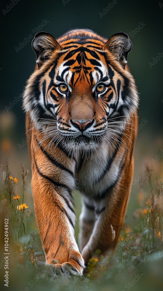 Fototapeta premium Foto de tigre, acercándose al fotógrafo intimidante, concepto de vida salvaje y concurso de fotografía.