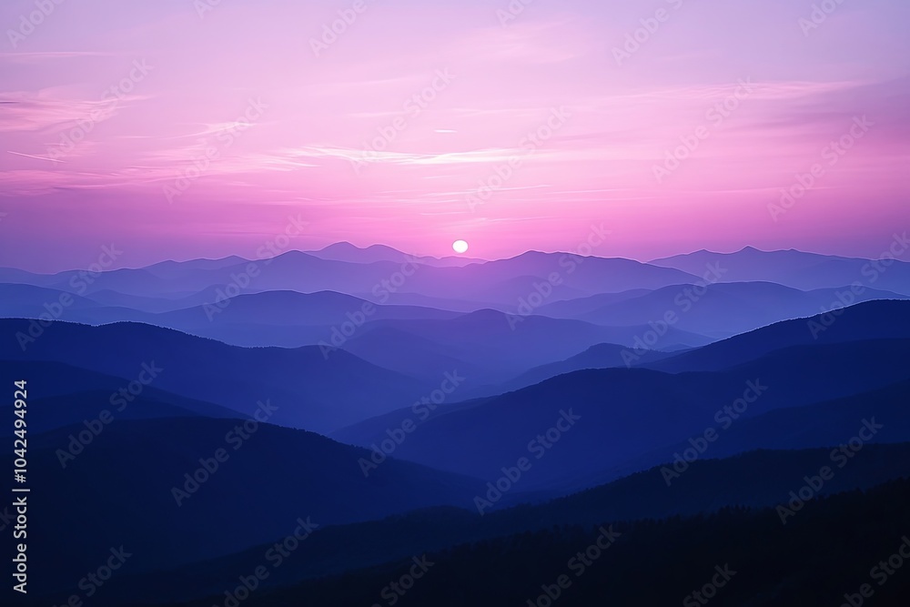 Vibrant sunset over layered mountains reflecting hues of purple and pink during serene twilight hours. Generative AI Vibrant sunset over layered mountains reflecting hues of purple and pink during serene twilight hours. Generative AI