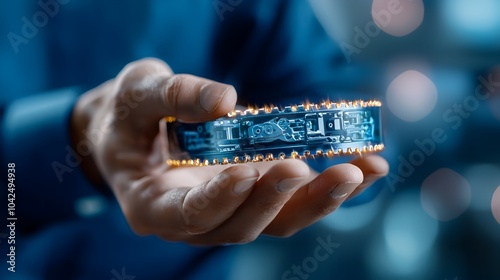 Holographic car timing belt hovering above a hand leaving empty space on the right side The image depicts a futuristic digital and technological concept