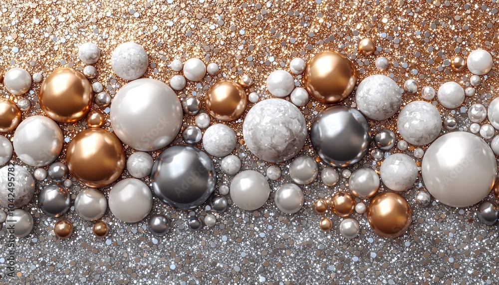 White, Silver, and Gold Spheres on Glittery Background White, Silver, and Gold Spheres on Glittery Background