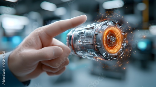 Visually captivating 3D render of a glowing holographic car alternator component hovering above a human hand showcasing a futuristic cutting edge automotive technology concept photo