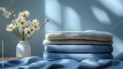 Soft blankets stacked besid...