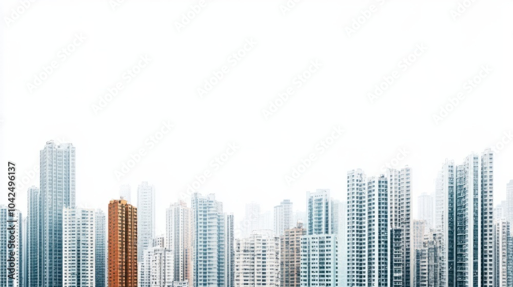 Panorama of city high-rises with unique architectural features, isolated on white background Panorama of city high-rises with unique architectural features, isolated on white background