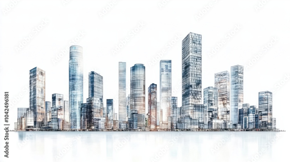 Obraz premium Modern urban panorama featuring tall residential and office towers, isolated on white background