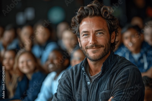 Smiling male teacher with arms crossed in classroom with students in elementary school