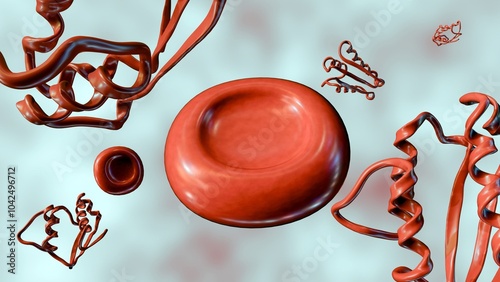 Foto 3d rendering of scattered red blood cells or erythrocytes and protein molecules