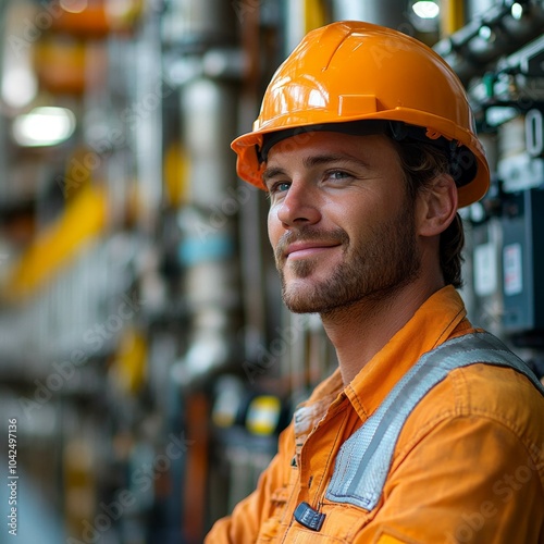 Ingeniero con casco y chaleco de seguridad trabajando. Concepto de productividad en la industria.