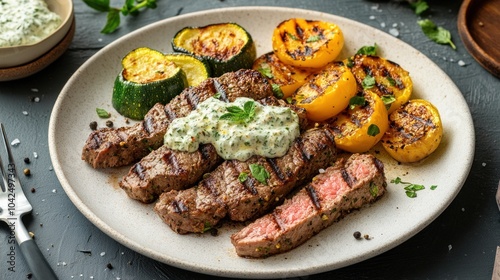 Grilled Steak with Zucchini and Yellow Peppers