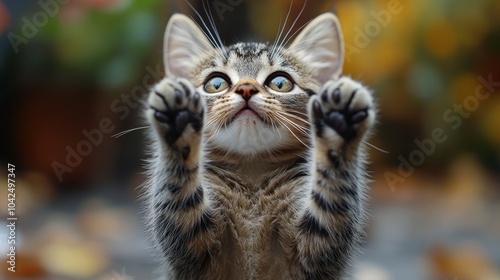 Gato gracioso y humorístico con sus dos patitas levantadas y una mirada muy tierna. Concepto de gatitos.