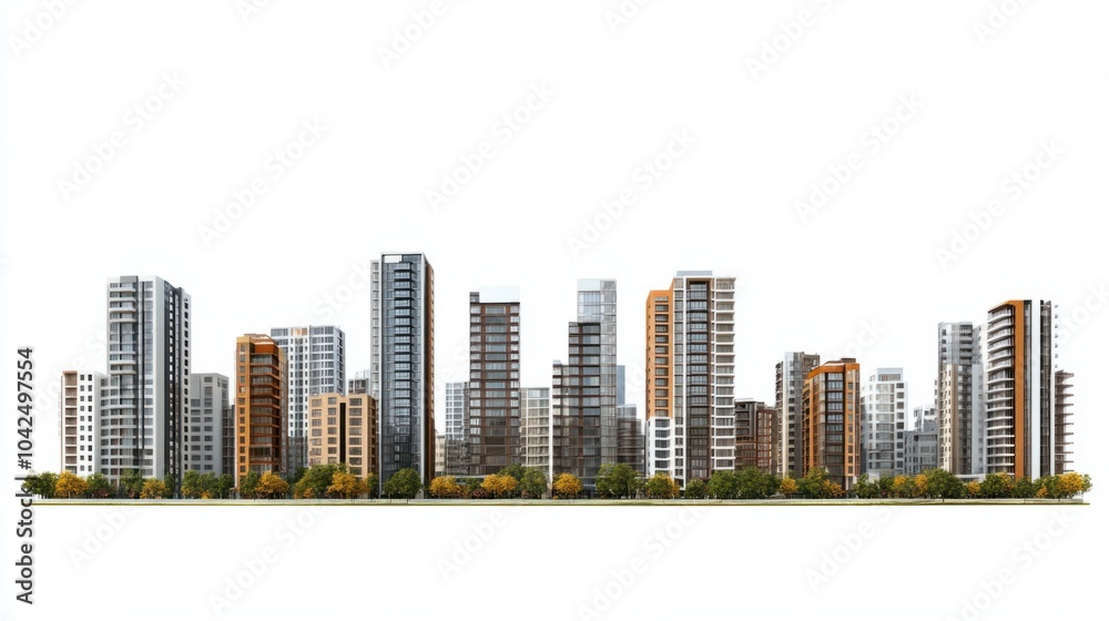 Fototapeta premium Panoramic city view of modern apartment complexes and office towers, isolated on white background