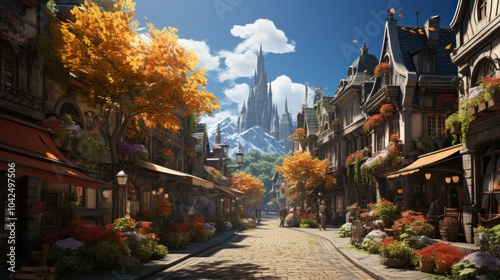 A Charming Medieval Cityscape with a Majestic Mountain in the Background
