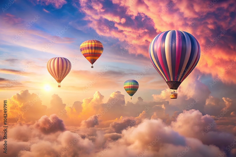 Dreamy scene with hot air balloons floating through soft pink clouds at sunset exuding tranquility and wonder Dreamy scene with hot air balloons floating through soft pink clouds at sunset exuding tranquility and wonder