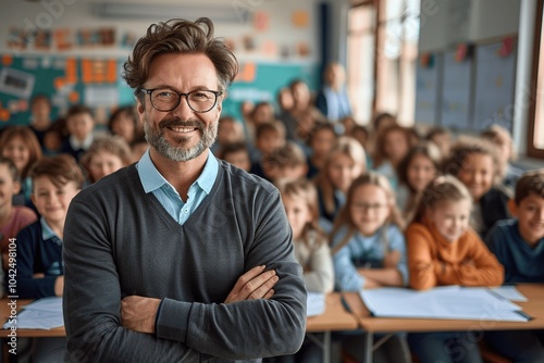 Smiling male teacher with arms crossed in front of happy elementary school students in classroom portrait