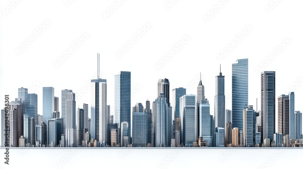Fototapeta premium Panoramic skyline of contemporary city high-rises and tall buildings, isolated on white background