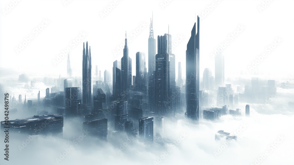 Panoramic skyline with futuristic buildings and high-tech architecture, isolated on white background