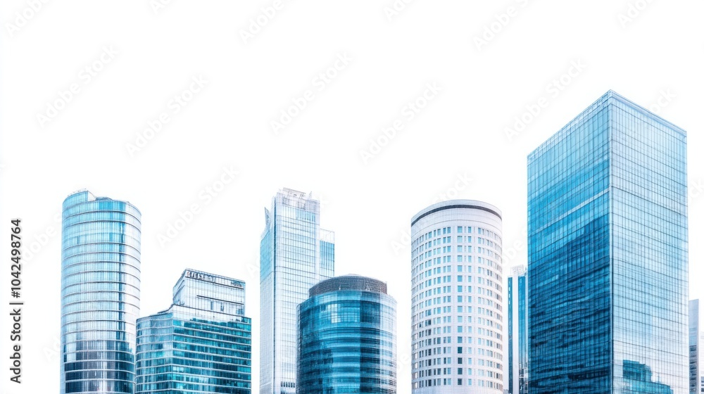 Panoramic urban landscape of business district towers and corporate buildings, isolated on white background Panoramic urban landscape of business district towers and corporate buildings, isolated on white background