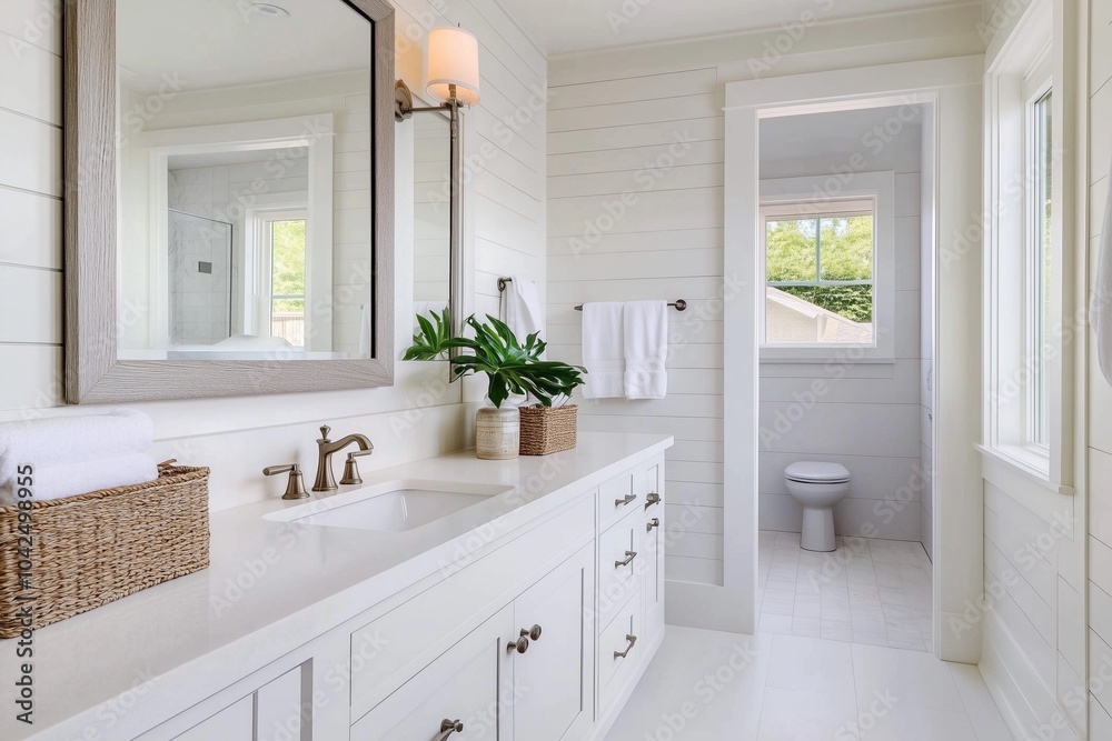 A modern, bright bathroom featuring white cabinetry, a large mirror, decorative plants, and a clean aesthetic with natural light. A modern, bright bathroom featuring white cabinetry, a large mirror, decorative plants, and a clean aesthetic with natural light.