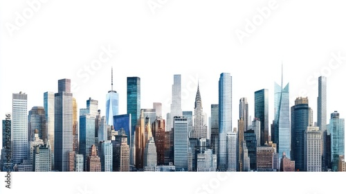 Panoramic view of a dense city skyline with skyscrapers and office buildings, isolated on white background