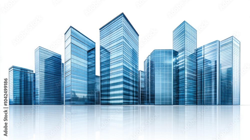 Panoramic view of high-tech skyscrapers with sleek, reflective windows, isolated on white background Panoramic view of high-tech skyscrapers with sleek, reflective windows, isolated on white background