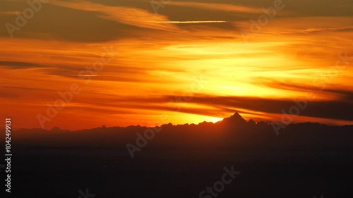 Po valley sunset from Valcava mountain, Bergamo, Lombardy, Italy photo