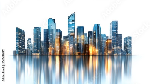 Panoramic view of high-tech skyscrapers with sleek, reflective windows, isolated on white background