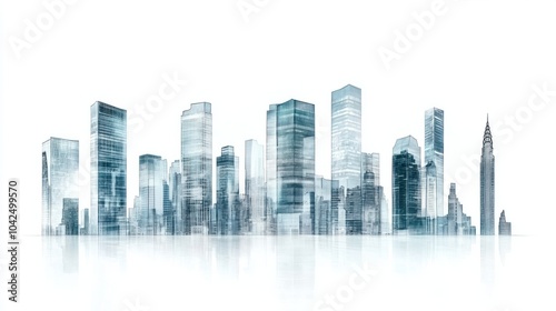 Panoramic view of modern skyscrapers with reflective glass windows, isolated on white background