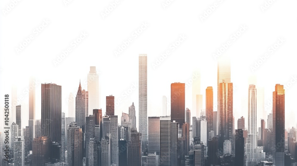 Fototapeta premium Panoramic view of urban skyline with towering business district buildings, isolated on white background