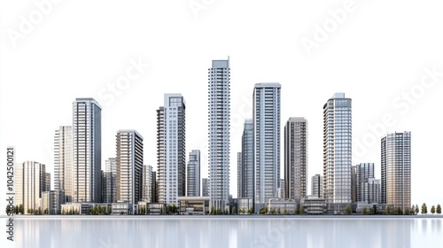 Panoramic view of urban high-rises with sleek, modern design, isolated on white background