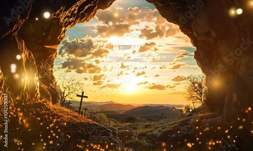 An empty tomb with a crucifixion scene silhouetted against the sunrise, symbolizing the resurrection. The early morning light casts a golden glow over the scene