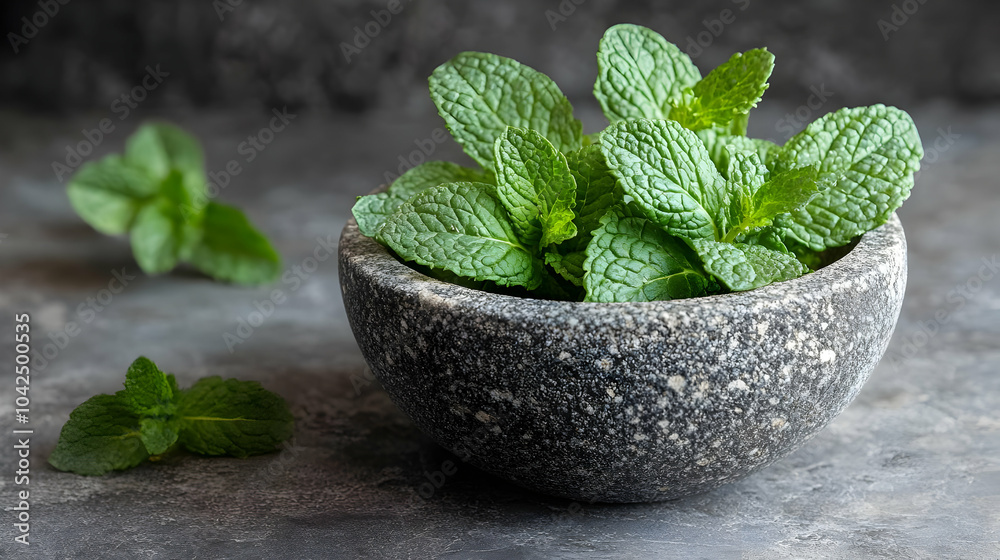 Fresh Mint Leaves in a Stone Bowl for Flavorful Dishes Fresh Mint Leaves in a Stone Bowl for Flavorful Dishes