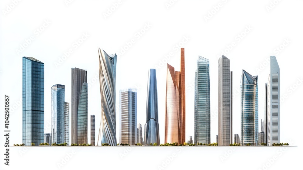 Obraz premium Wide panorama of futuristic office towers and residential skyscrapers, isolated on white background